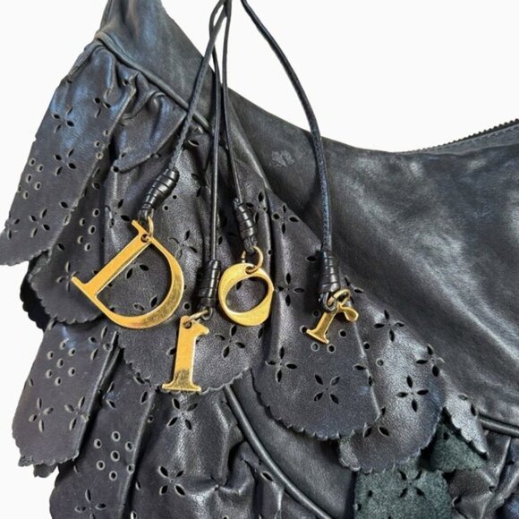 Christian Dior Vintage Gypsy Ruffled Hobo Black Leather Gold DIOR Bag Charm - Picture 3 of 15